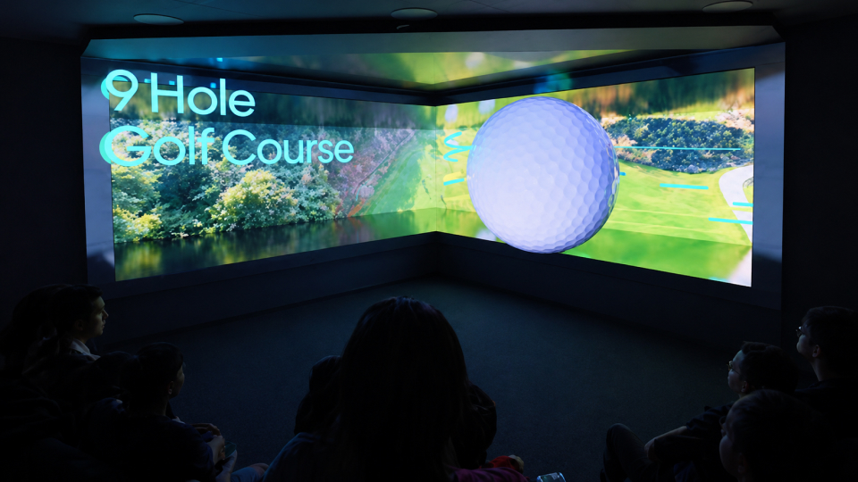 Immersive projection room using large-format display walls for a 9-hole golf course visual experience.